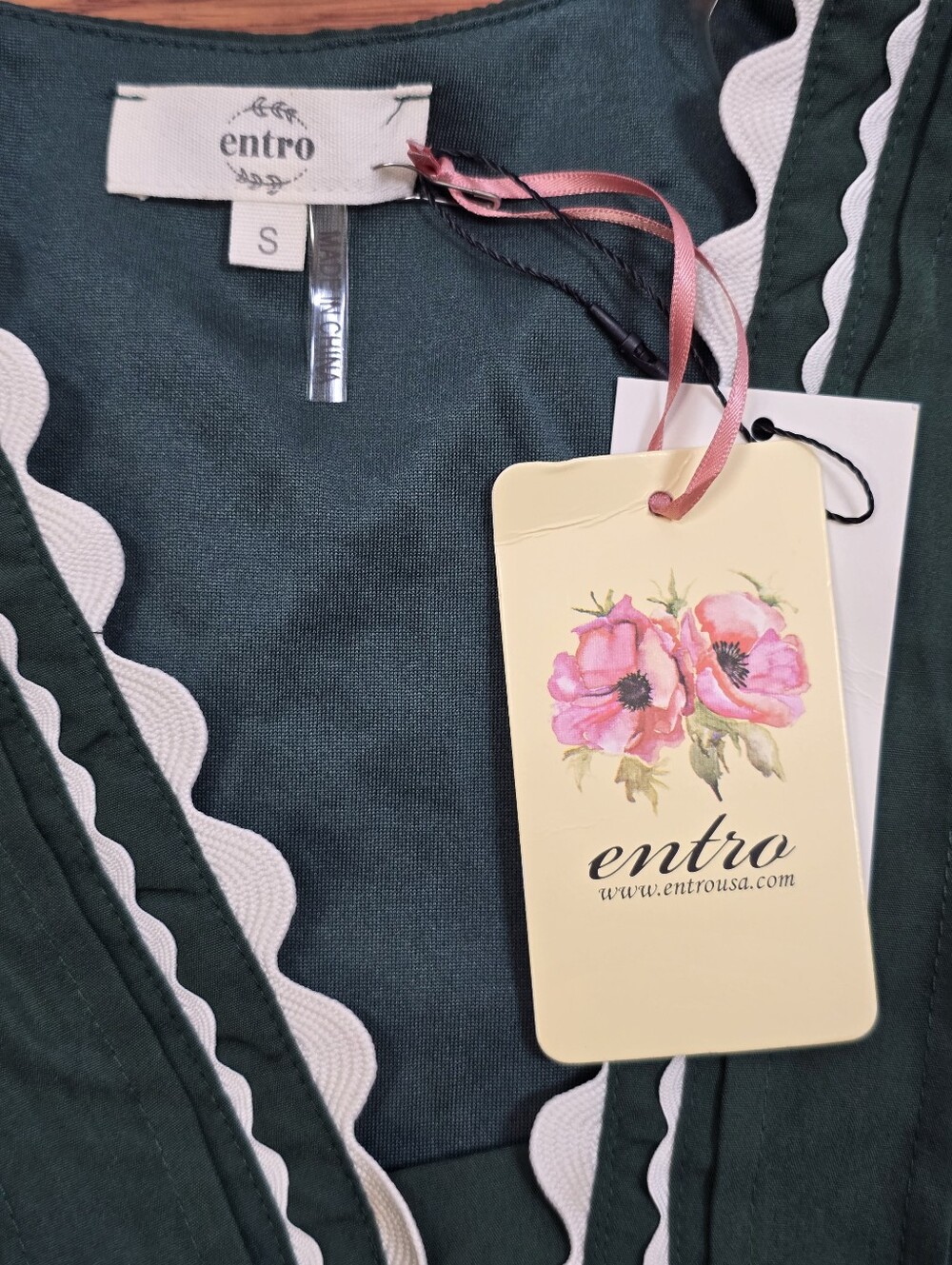 Entro Green Ric Rac Ruffle V Neck Babydoll Blouse Top Sz.S Pemplum Cottagecore - Picture 10 of 13